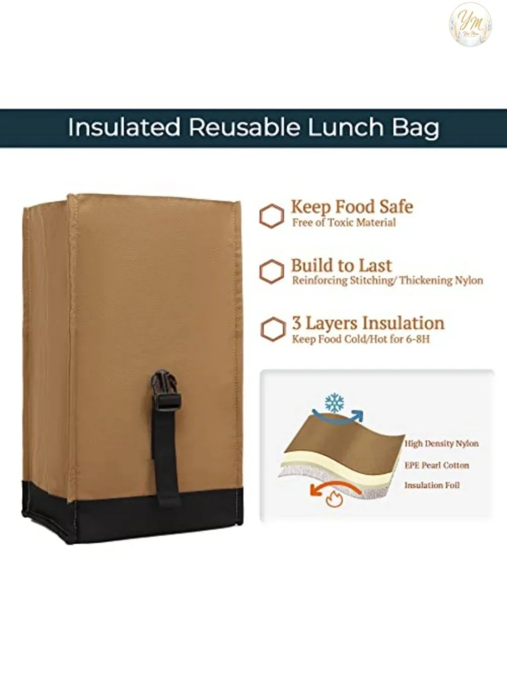 Insulated Rolltop Lunch Bag with Adjustable Strap - Thermal Food Tote